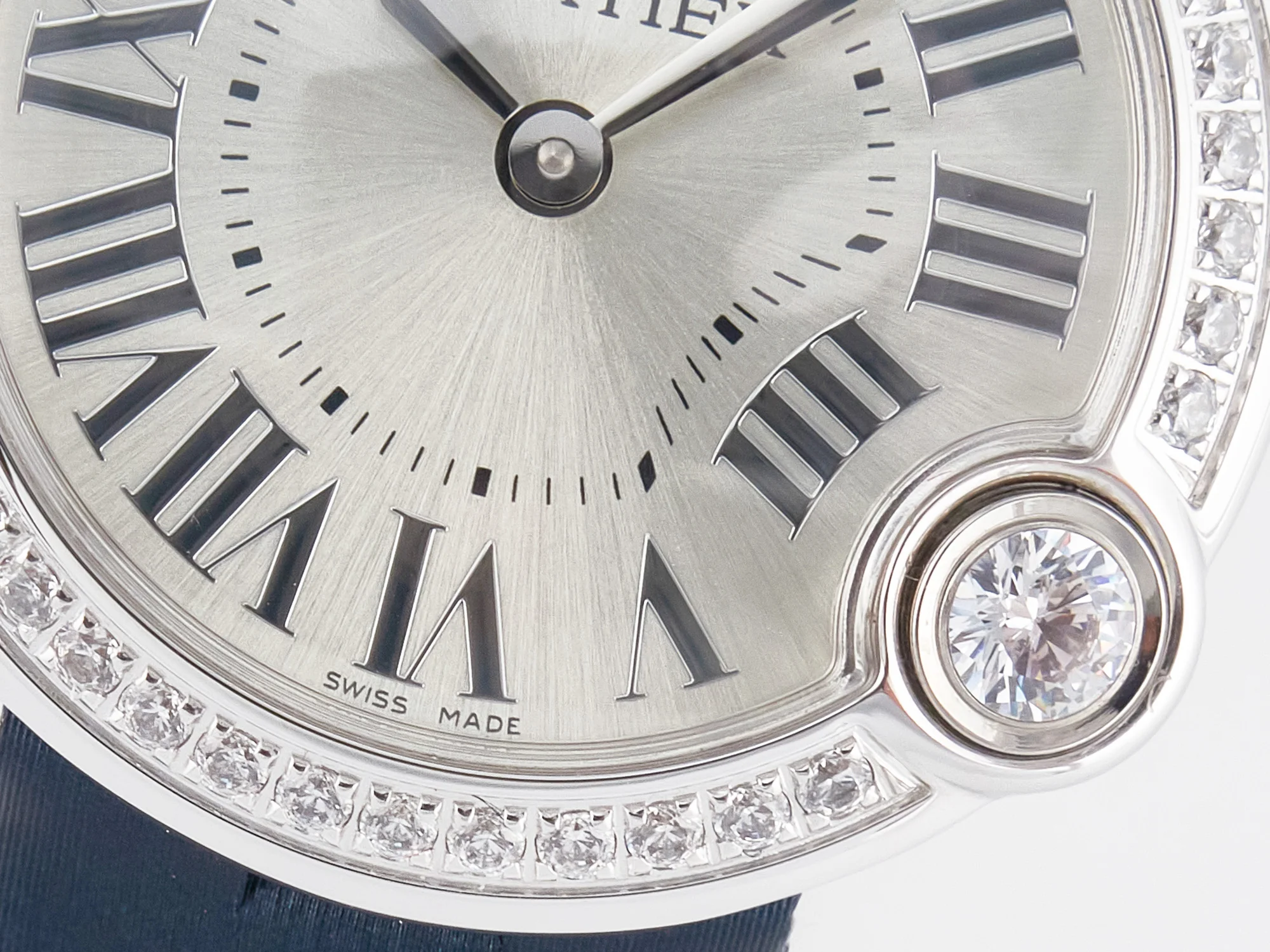 Ballon Blanc De Cartier 30mm SS DRF 1:1 Best Edition Silvered Texture Dial Diamonds Bezel on Blue Calfskin Strap Ronda Quartz