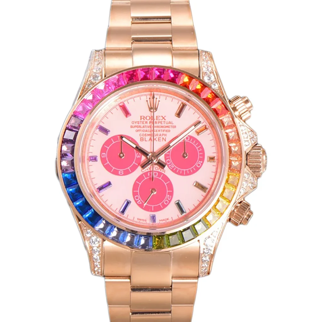 Blaken Daytona Pink Dial with Rainbow Diamond Bezel in Rose Gold