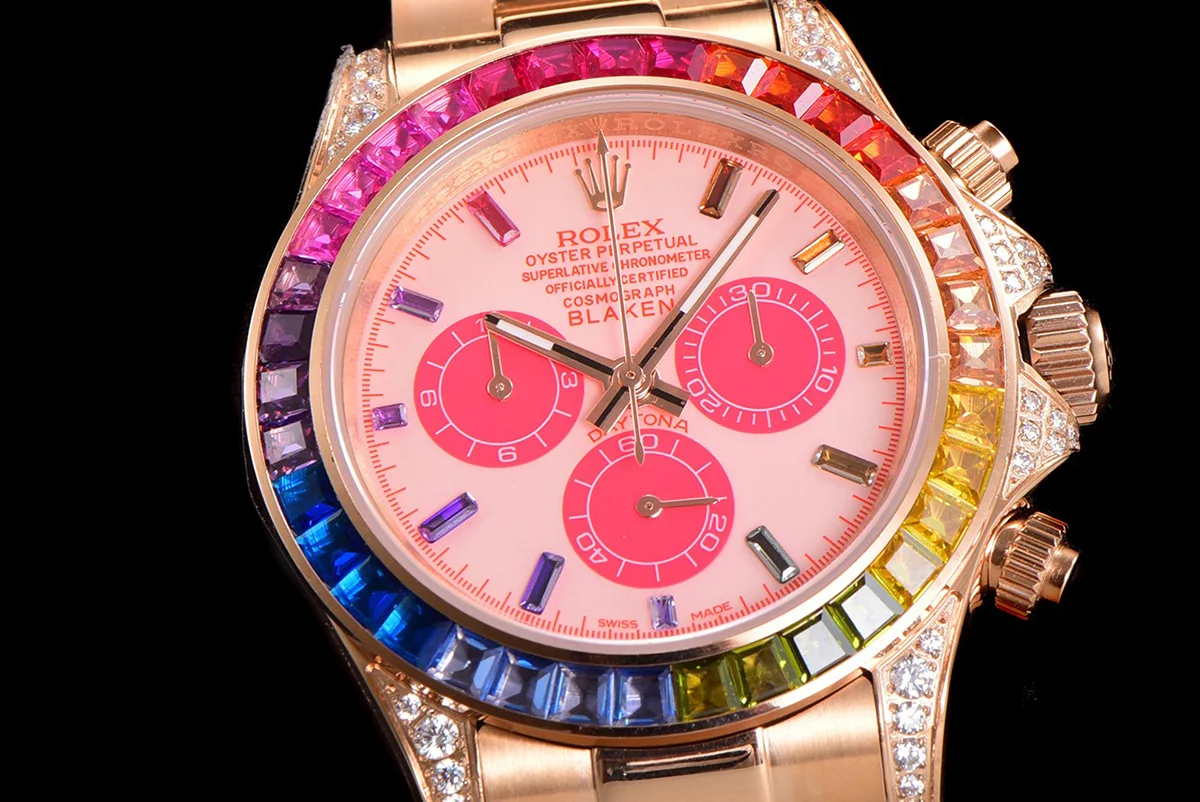 Blaken Daytona Pink Dial with Rainbow Diamond Bezel in Rose Gold