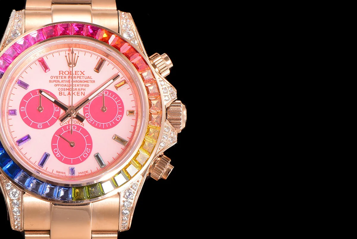 Blaken Daytona Pink Dial with Rainbow Diamond Bezel in Rose Gold