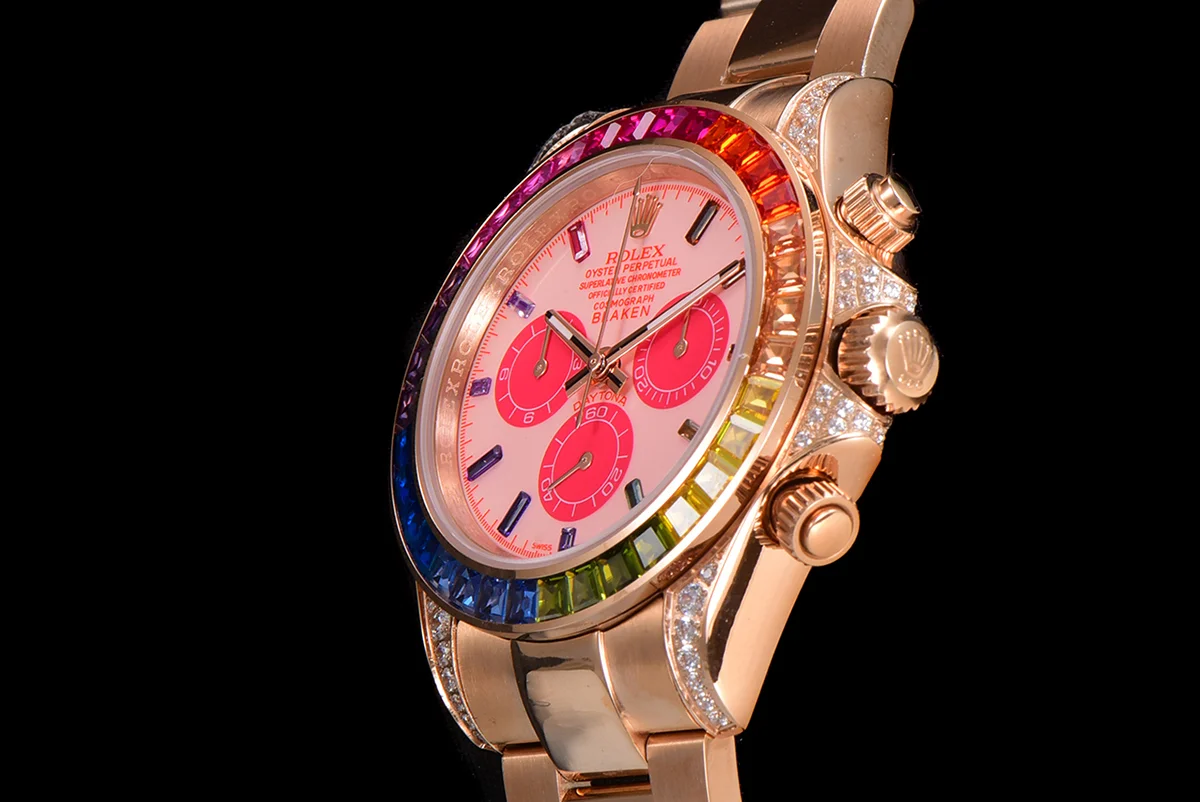 Blaken Daytona Pink Dial with Rainbow Diamond Bezel in Rose Gold