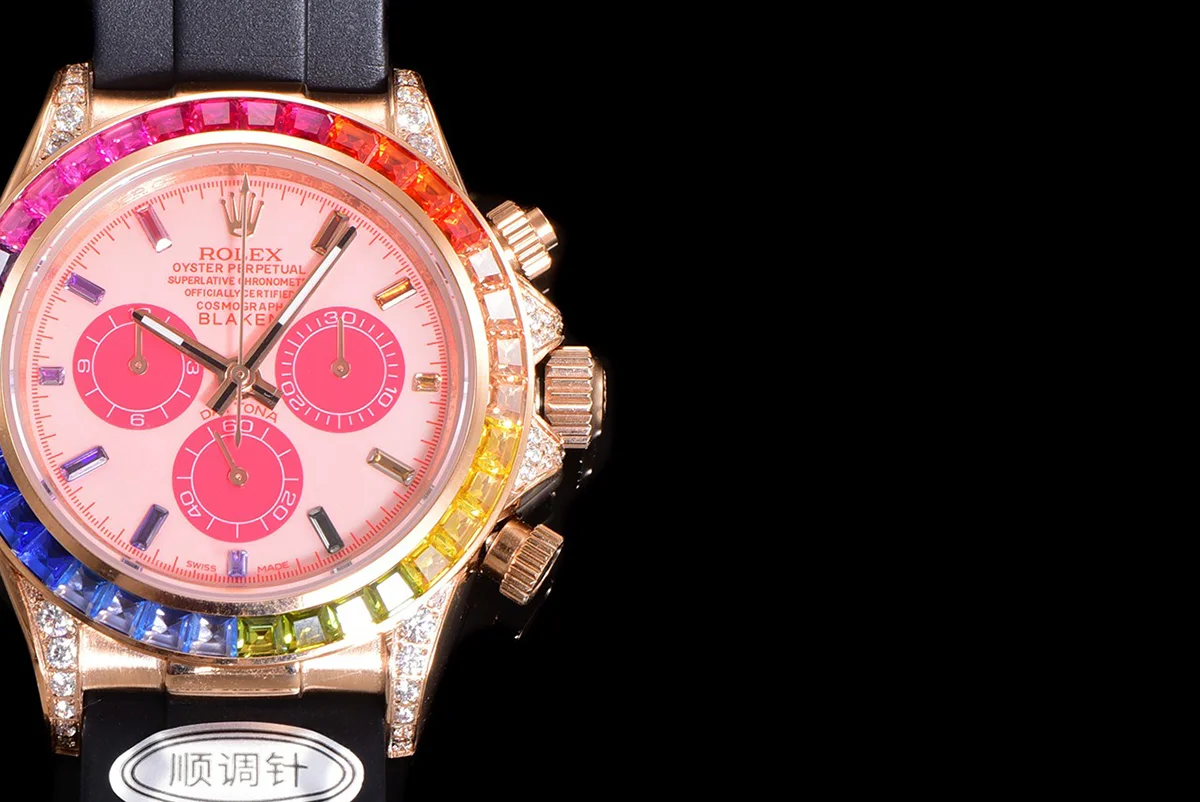 Blaken Daytona Pink Dial with Rainbow Diamond Bezel in Rose Gold on Rubber Strap