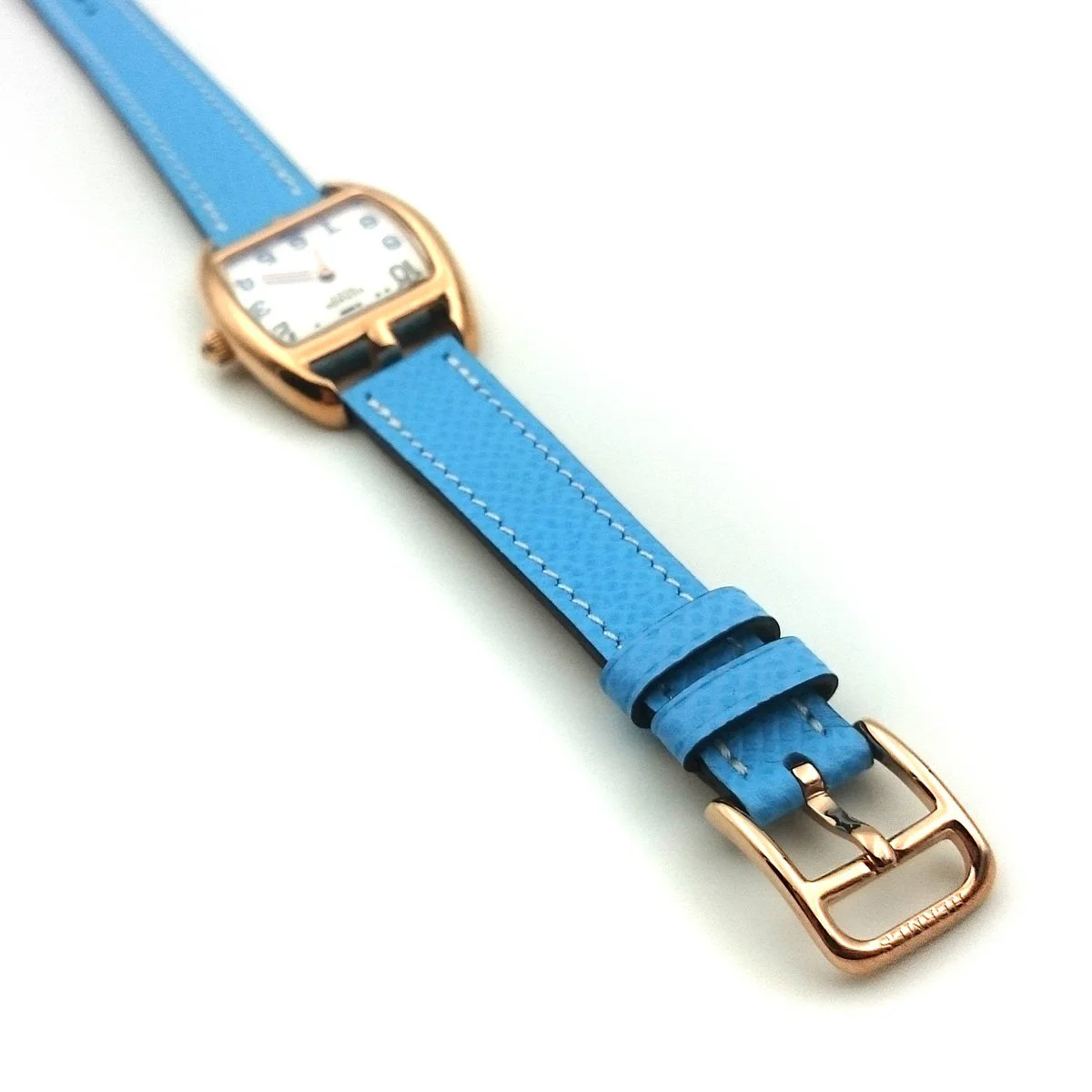 Cape Cod Tonneau Rose Gold on Light Blue Epsom Leather Strap