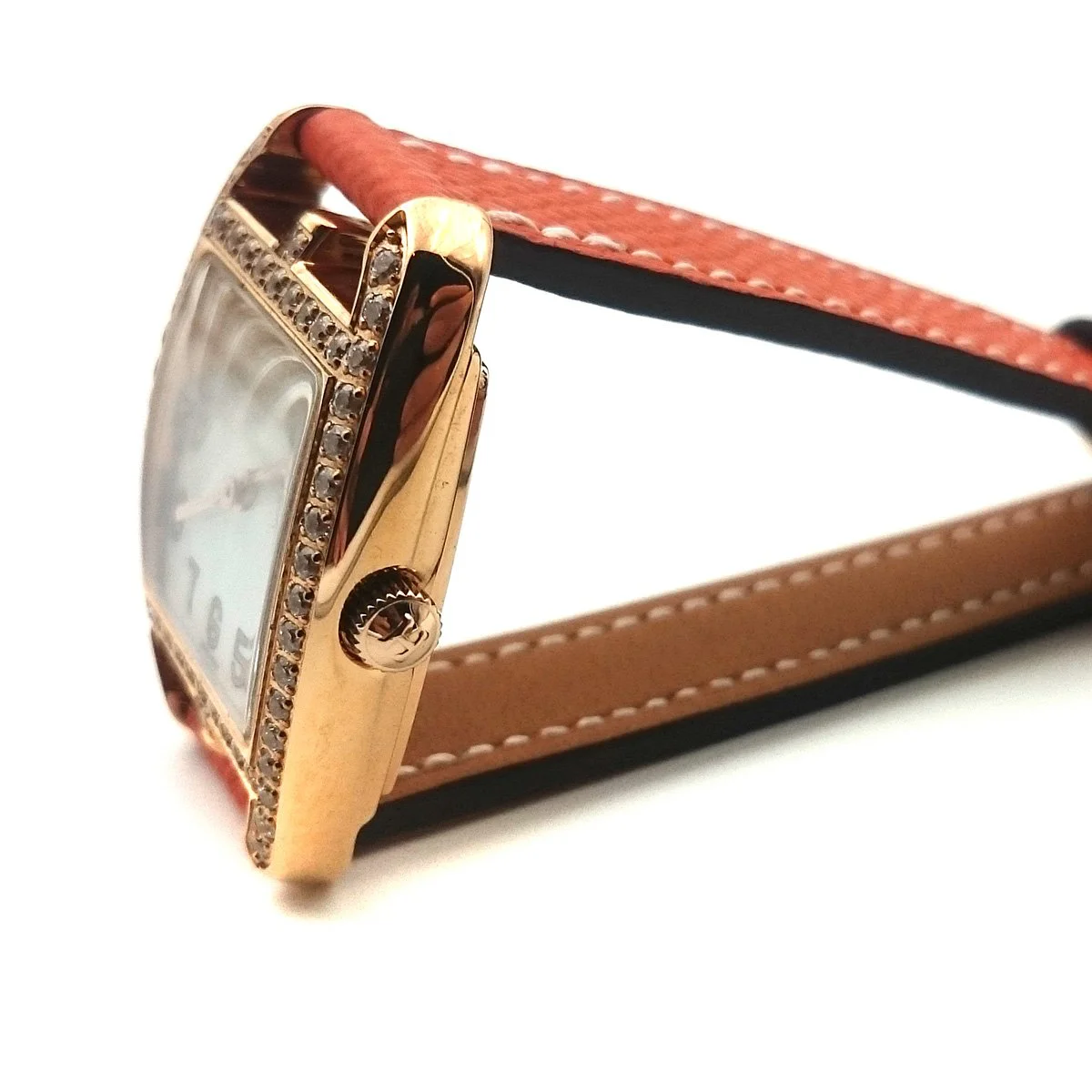 Cape Cod Tonneau Rose Gold with Diamond Bezel on Orange Epsom Leather Strap