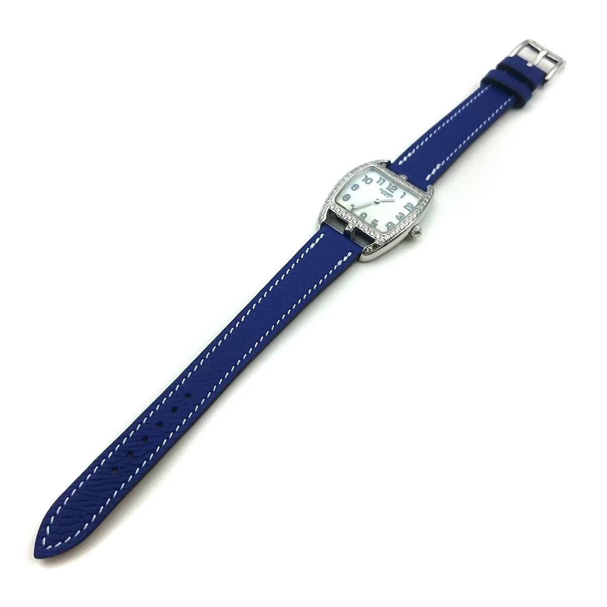 Cape Cod Tonneau Steel with Diamond Bezel on Blue Epsom Leather Strap
