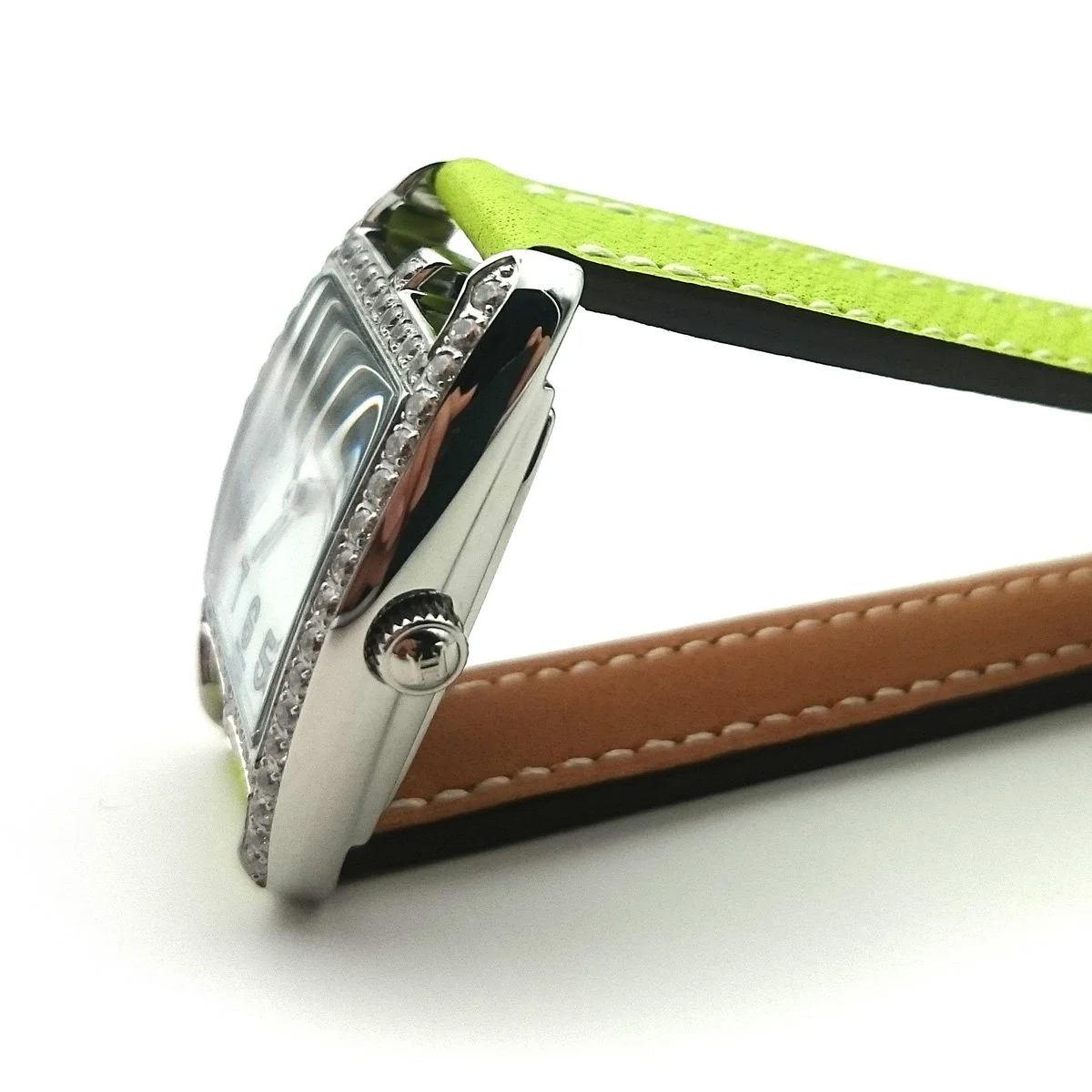 Cape Cod Tonneau Steel with Diamond Bezel on Green Epsom Leather Strap
