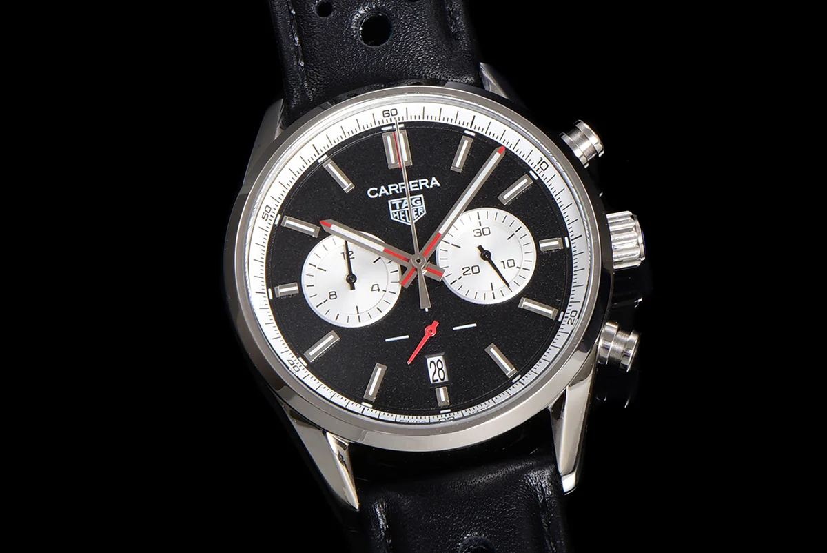 Carrera Chronograph 43 Black Dial on Leather Strap