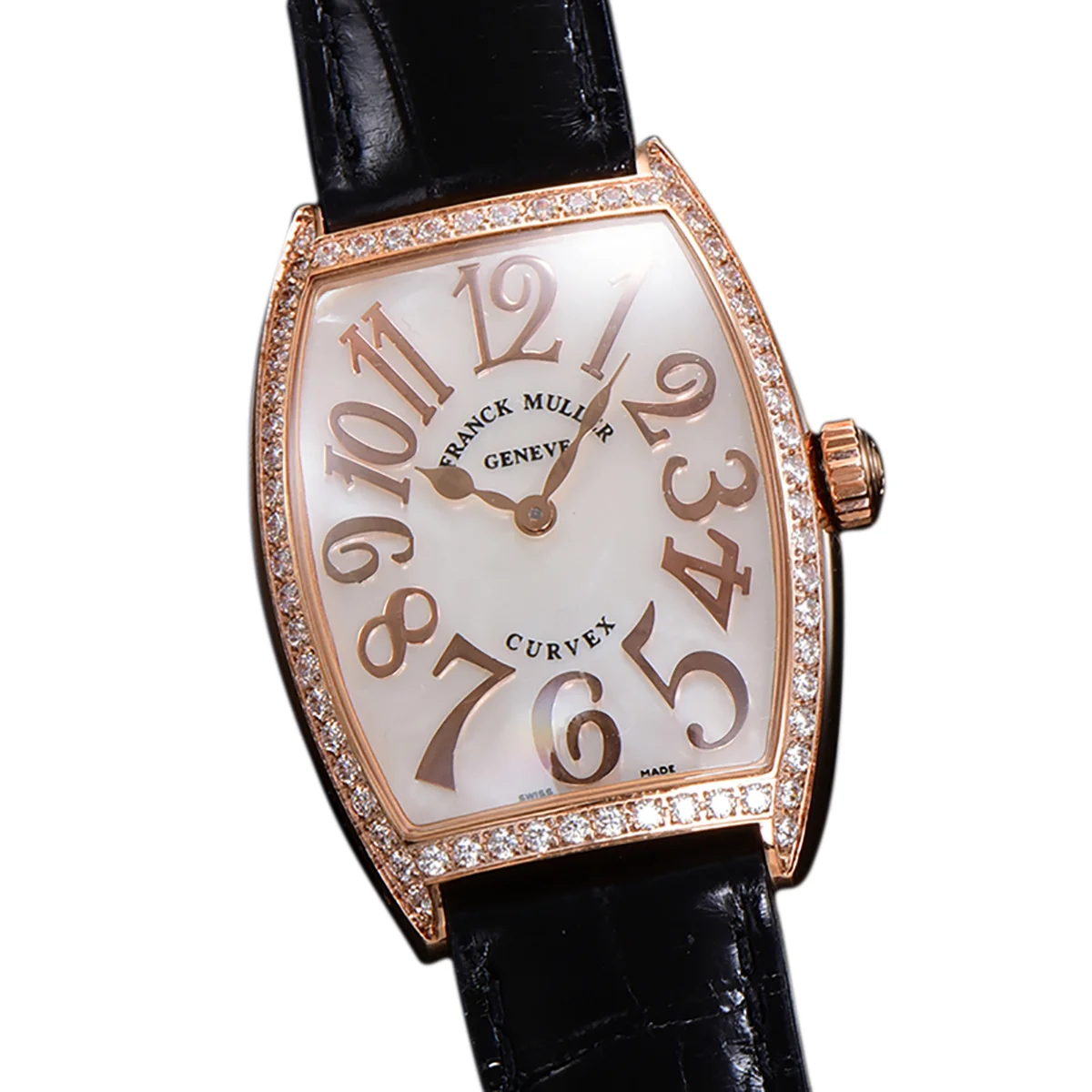 Cintree Curve MOP Dial in Rose Gold on Black Leather Strap