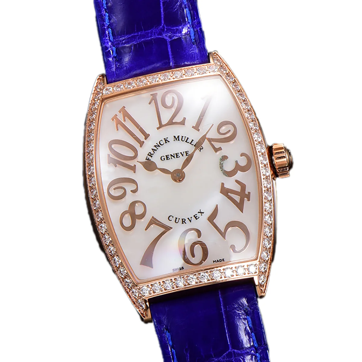 Cintree Curve MOP Dial in Rose Gold on Blue Leather Strap