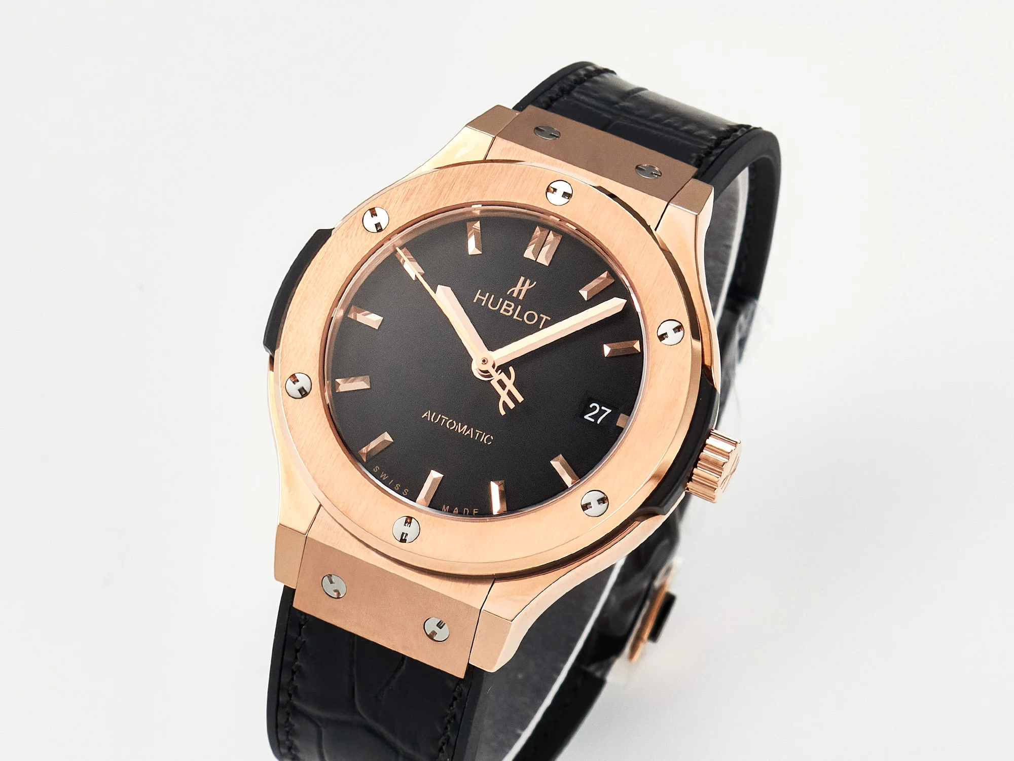 Classic Fusion 38mm RG JJF 1:1 Best Edition Black Dial on Black Gummy Leather Strap
