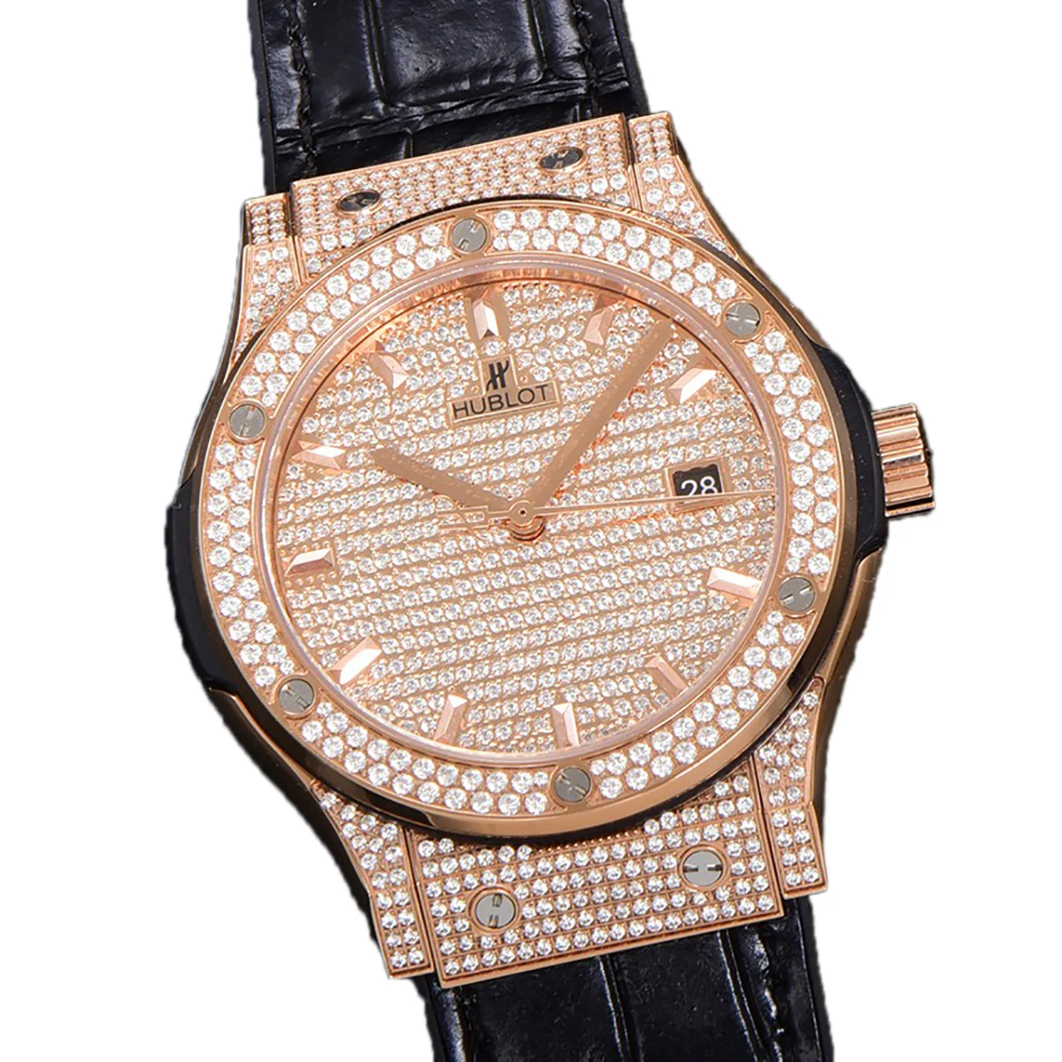 Classic Fusion Automatic 42mm Diamond Paved Dial in Rose Gold on Black Leather Strap
