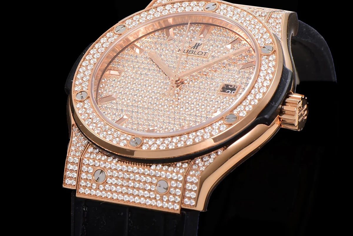 Classic Fusion Automatic 42mm Diamond Paved Dial in Rose Gold on Black Leather Strap