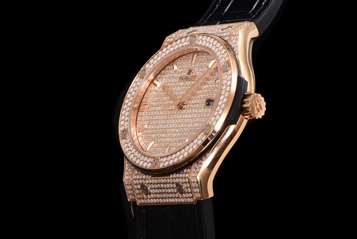 Classic Fusion Automatic 42mm Diamond Paved Dial in Rose Gold on Black Leather Strap