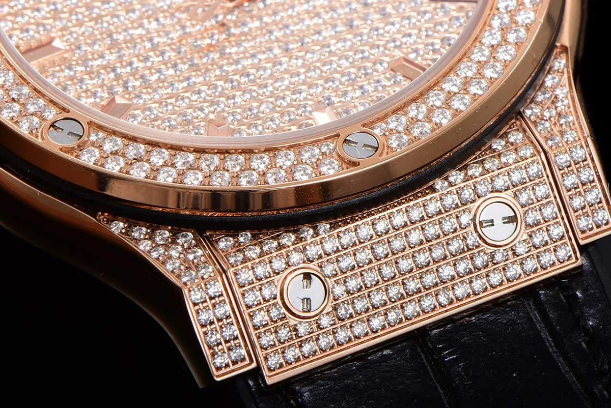 Classic Fusion Automatic 42mm Diamond Paved Dial in Rose Gold on Black Leather Strap