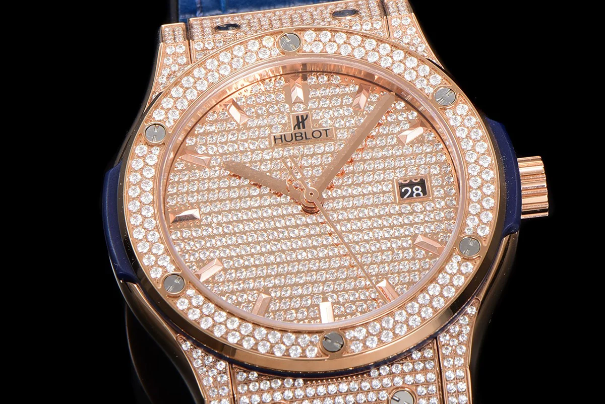 Classic Fusion Automatic 42mm Diamond Paved Dial in Rose Gold on Blue Leather Strap