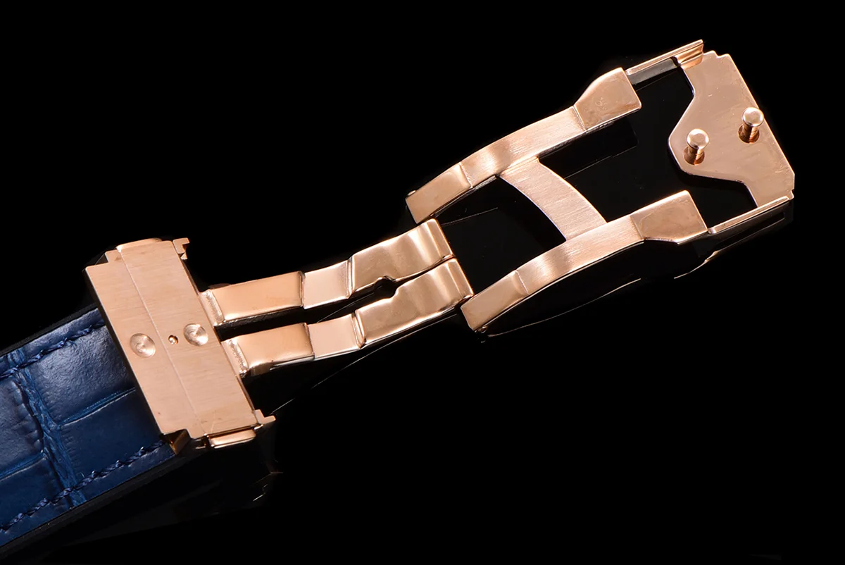 Classic Fusion Automatic 42mm Diamond Paved Dial in Rose Gold on Blue Leather Strap