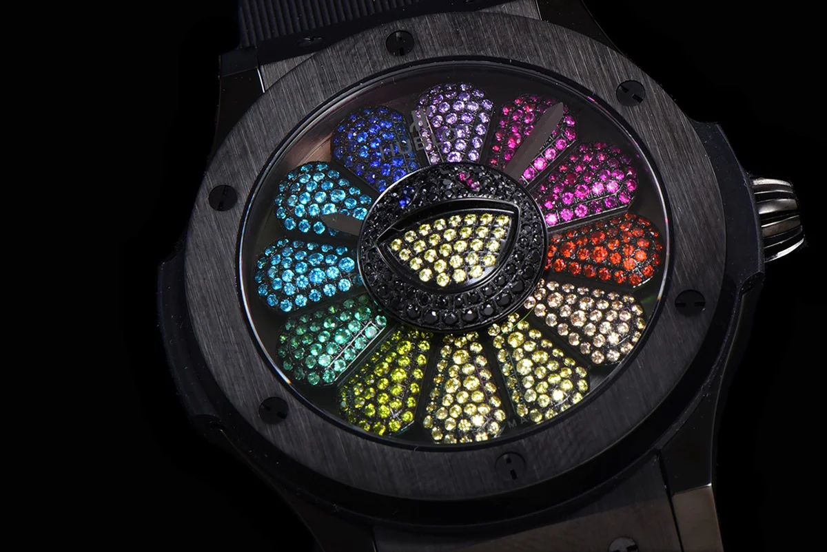 Classic Fusion Takashi Murakami 45mm Sunflower Dial in DLC on Rubber Strap