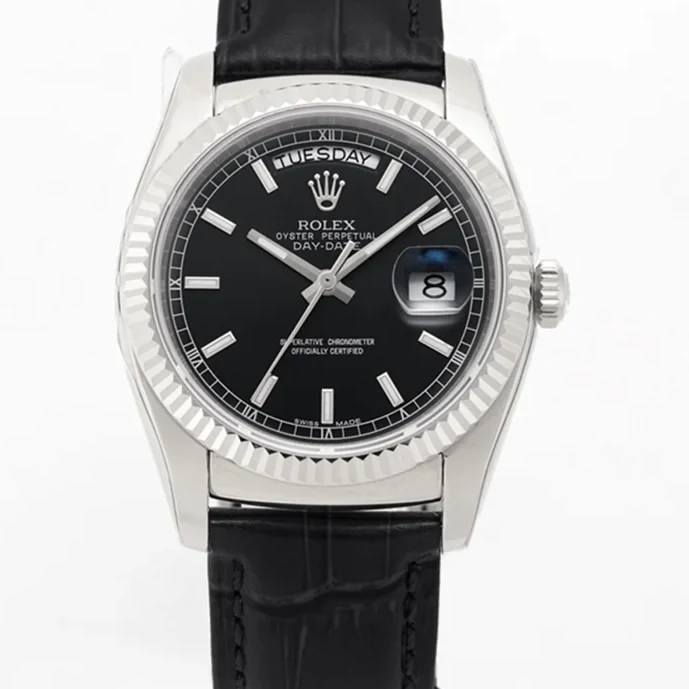Day-Date 36 Black Dial in White Gold on Leather Strap