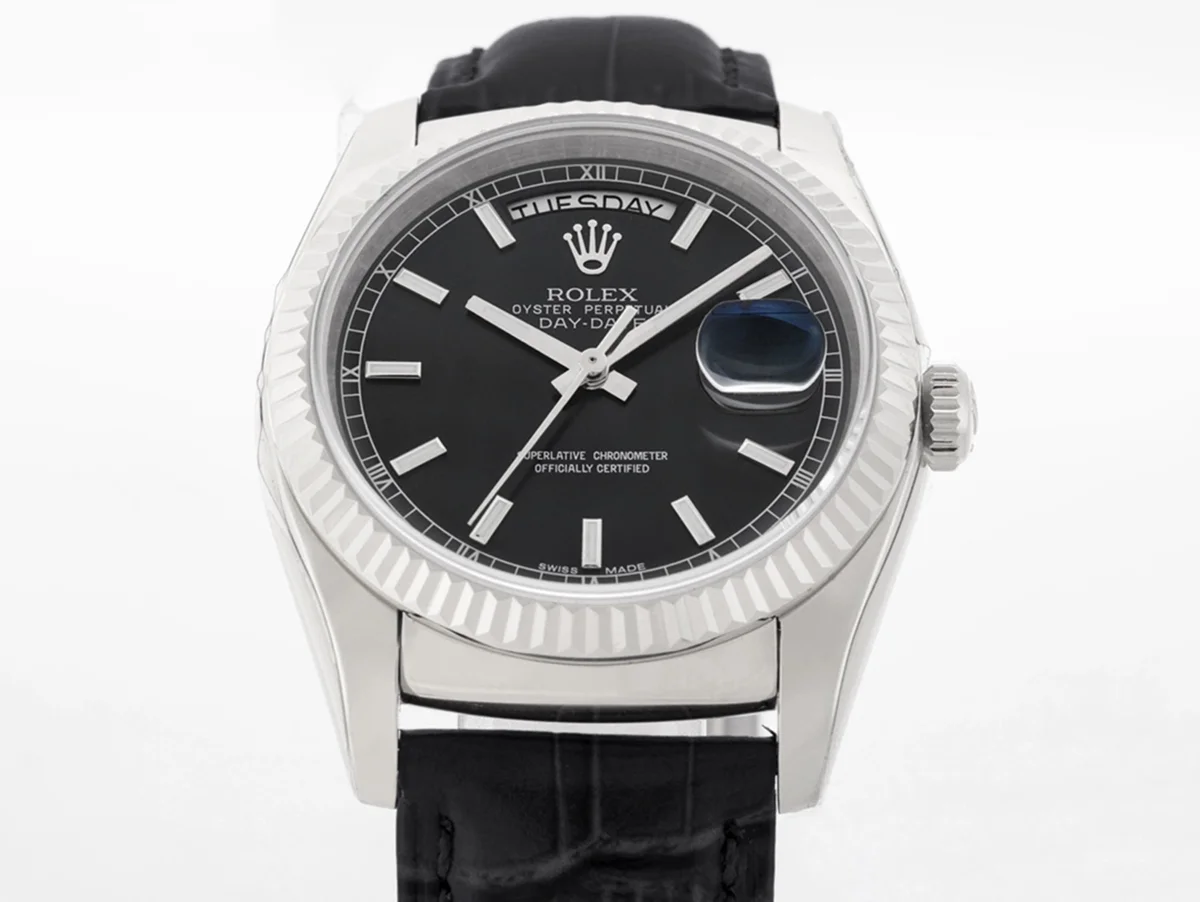 Day-Date 36 Black Dial in White Gold on Leather Strap