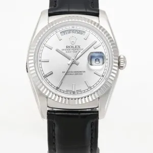 Day-Date 36 Silver Dial in White Gold on Leather Strap