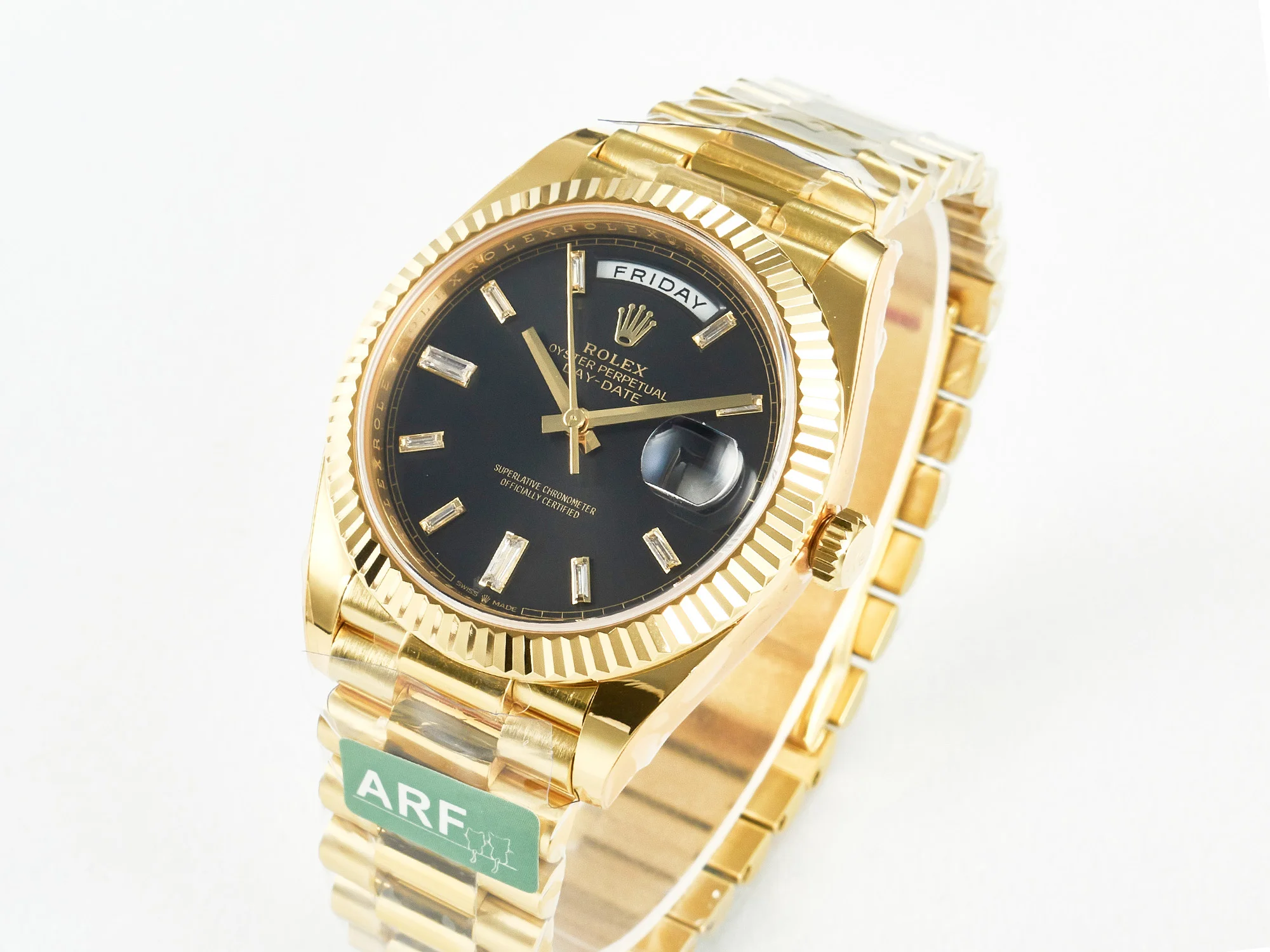Day Date 40 228238 ARF 904L Steel Black Crystal Diamonds Bezel on President Bracelet VR3255