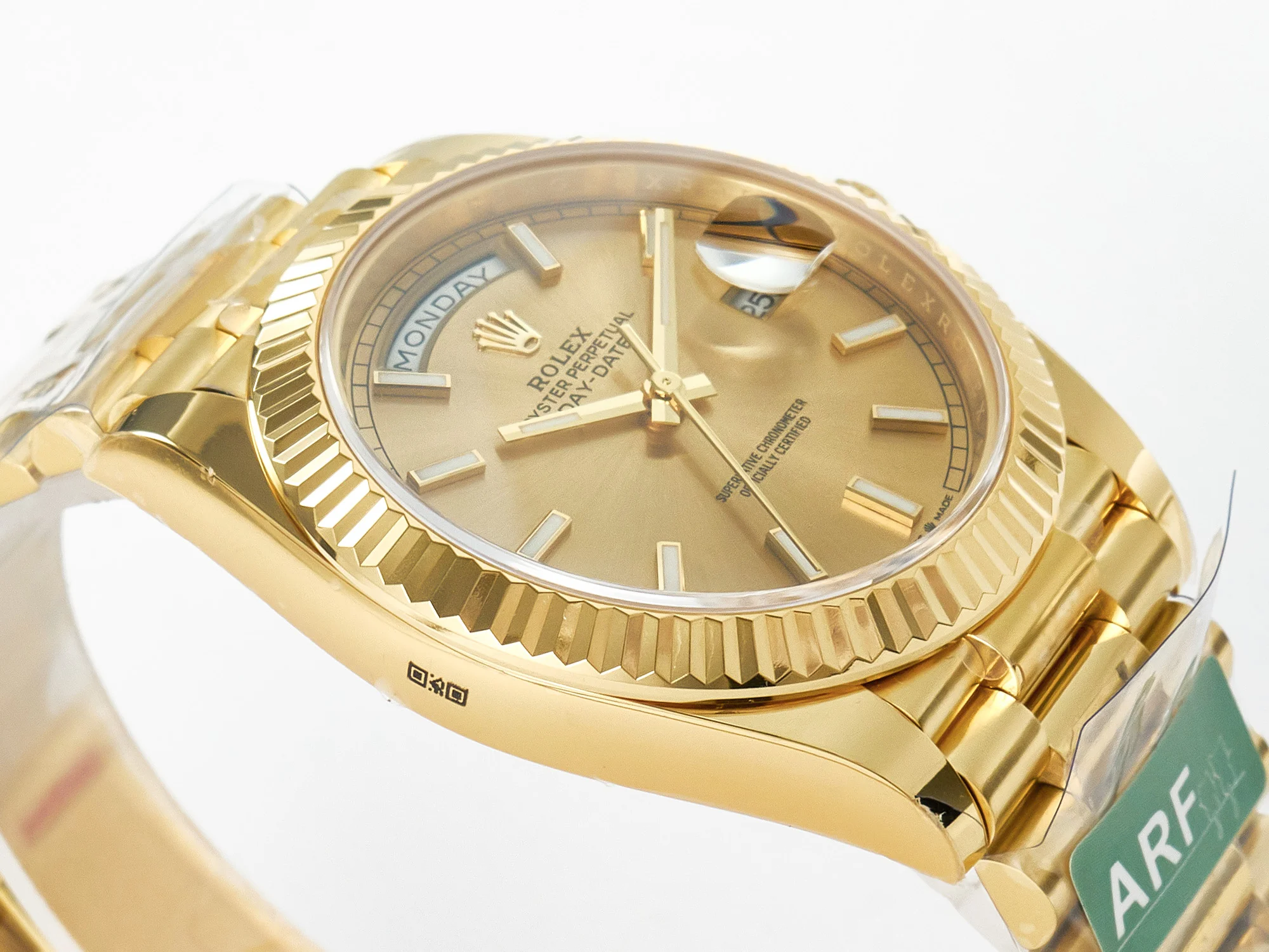 Day Date 40 228238 ARF 904L Steel Gold Stick Dial on President Bracelet VR3255