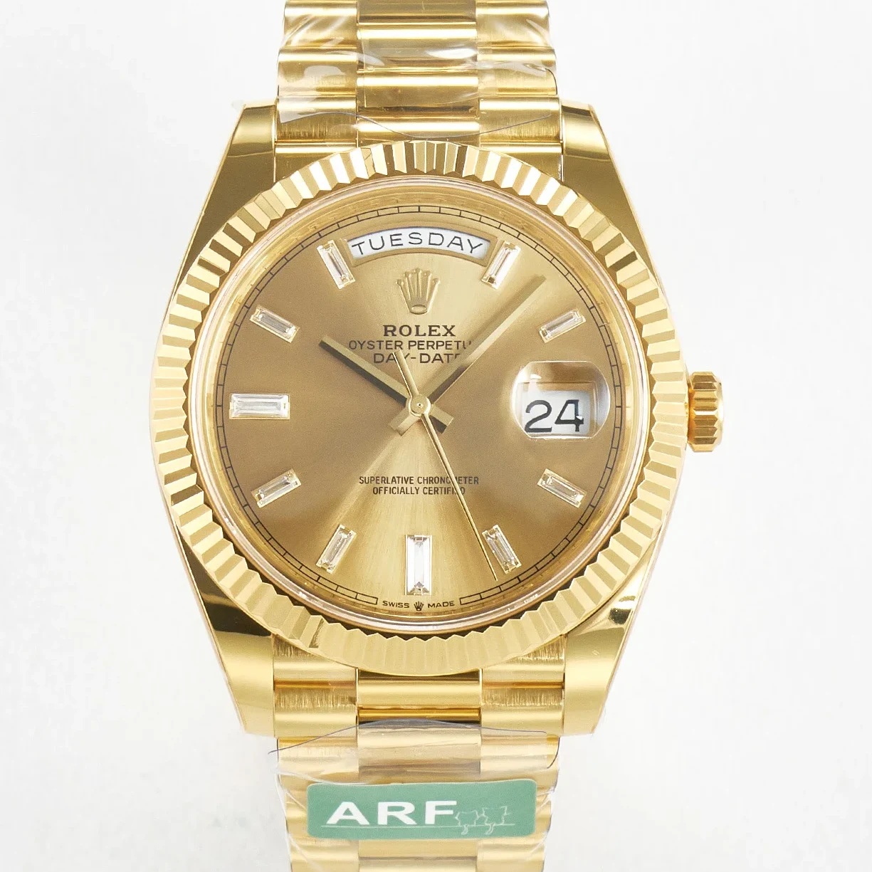 Day Date 40 228238 ARF 904L Steel YG Crystal Diamonds Bezel on President Bracelet VR3255
