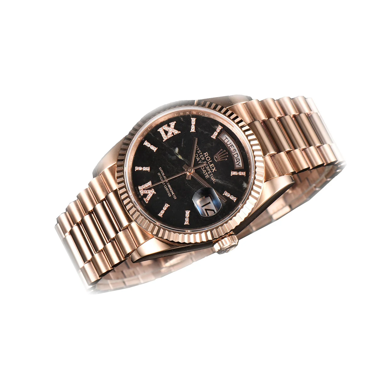 Daydate 36 128235 Eisenkiesel (Quartz Stone) Diamond Roman Dial in Everose Gold
