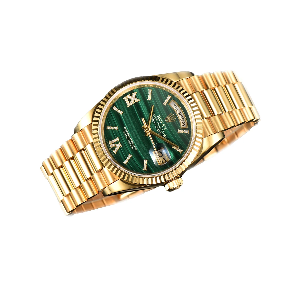 Daydate 36 128238 Malachite Diamond Roman Dial in Yellow Gold