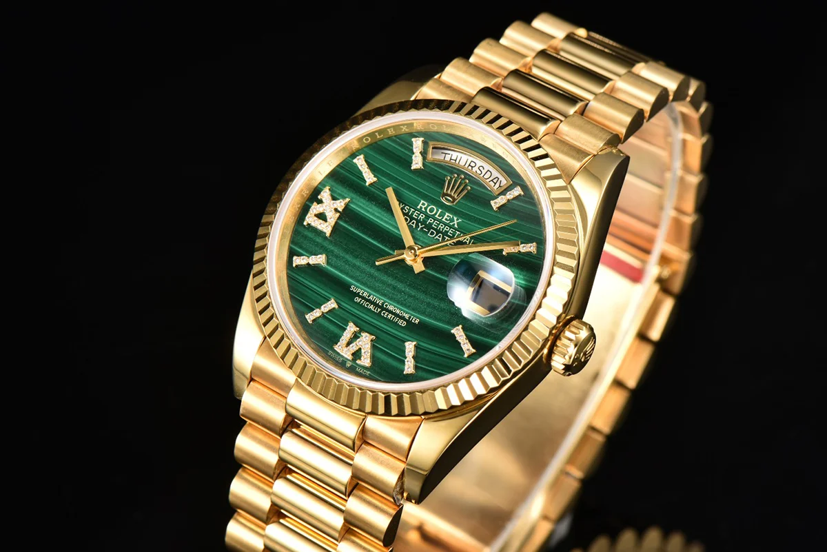 Daydate 36 128238 Malachite Diamond Roman Dial in Yellow Gold