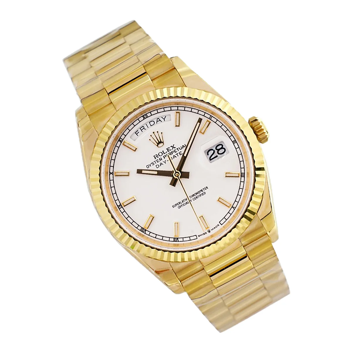 Daydate 36 128238 White Dial with Sticker in Yellow Gold