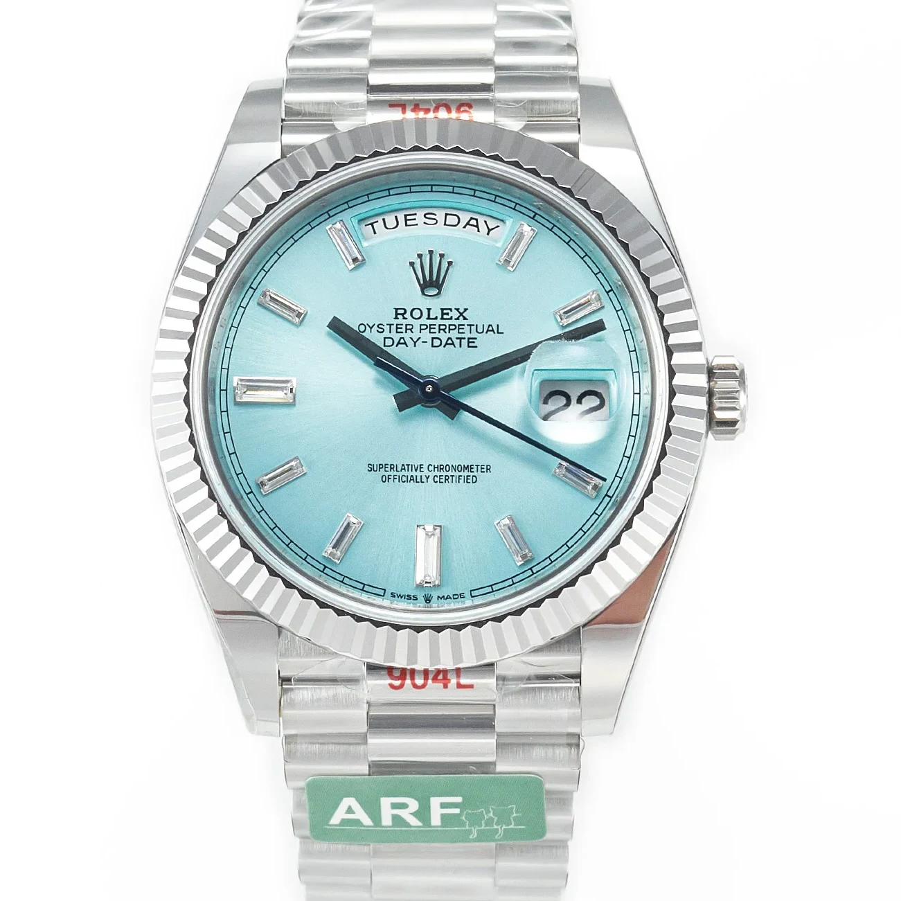 DayDate 40 228236 ARF 904L Steel Tiffany Blue Crystal Diamonds Bezel on President Bracelet VR3255