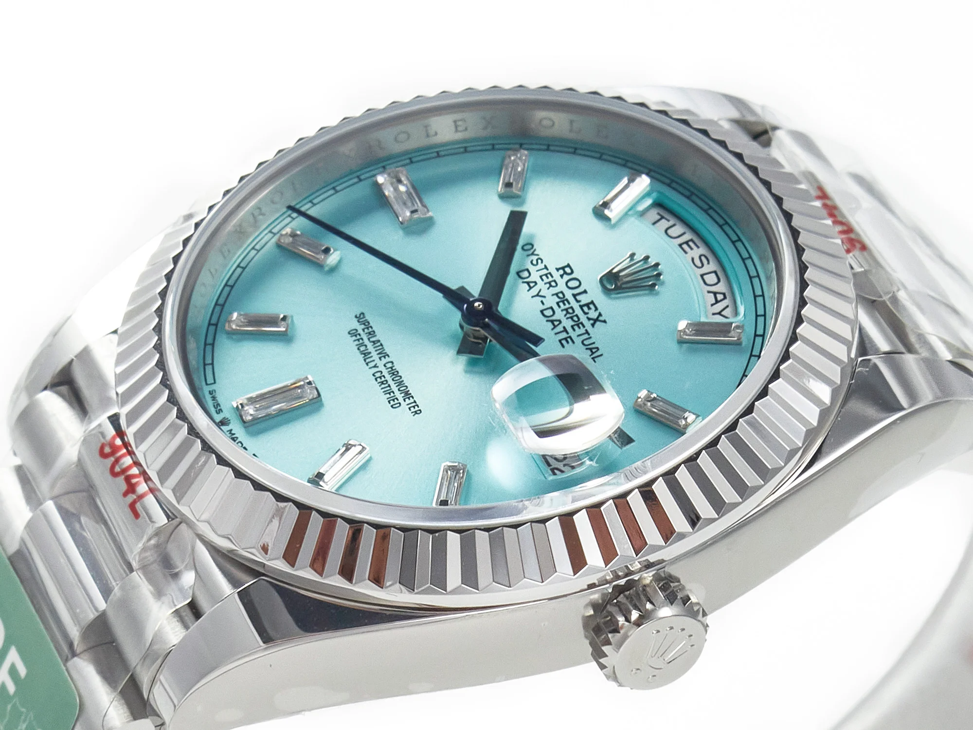 DayDate 40 228236 ARF 904L Steel Tiffany Blue Crystal Diamonds Bezel on President Bracelet VR3255
