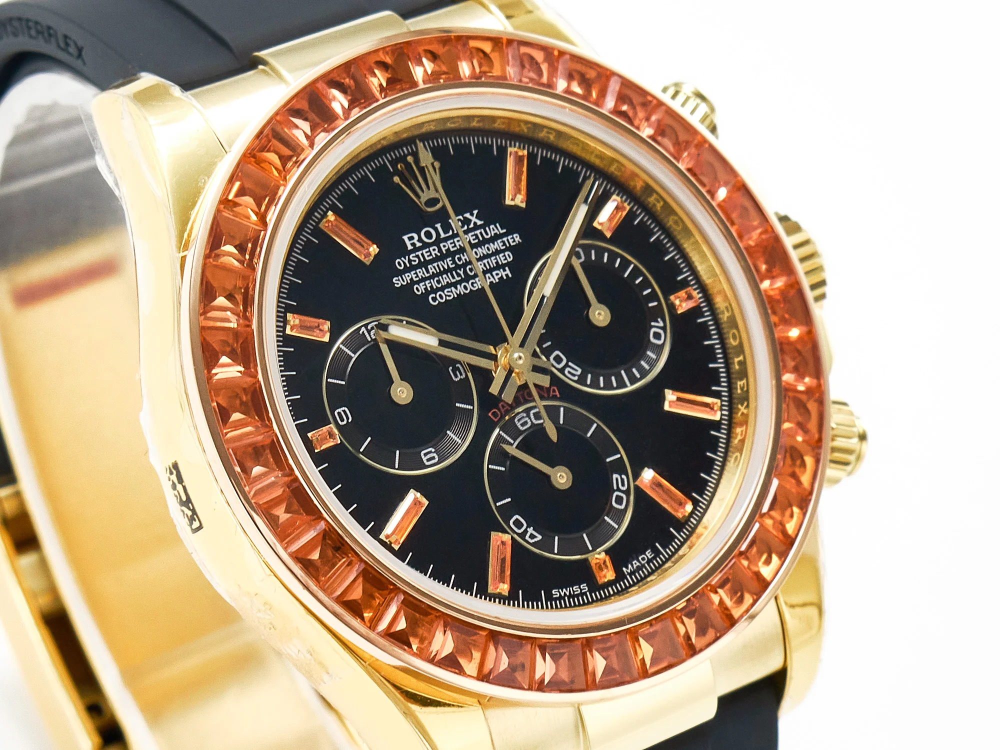 Daytona 116518 YG Orange Crystal Bezel N6F Best Edition Black Dial on Oysterflex Strap SA4130