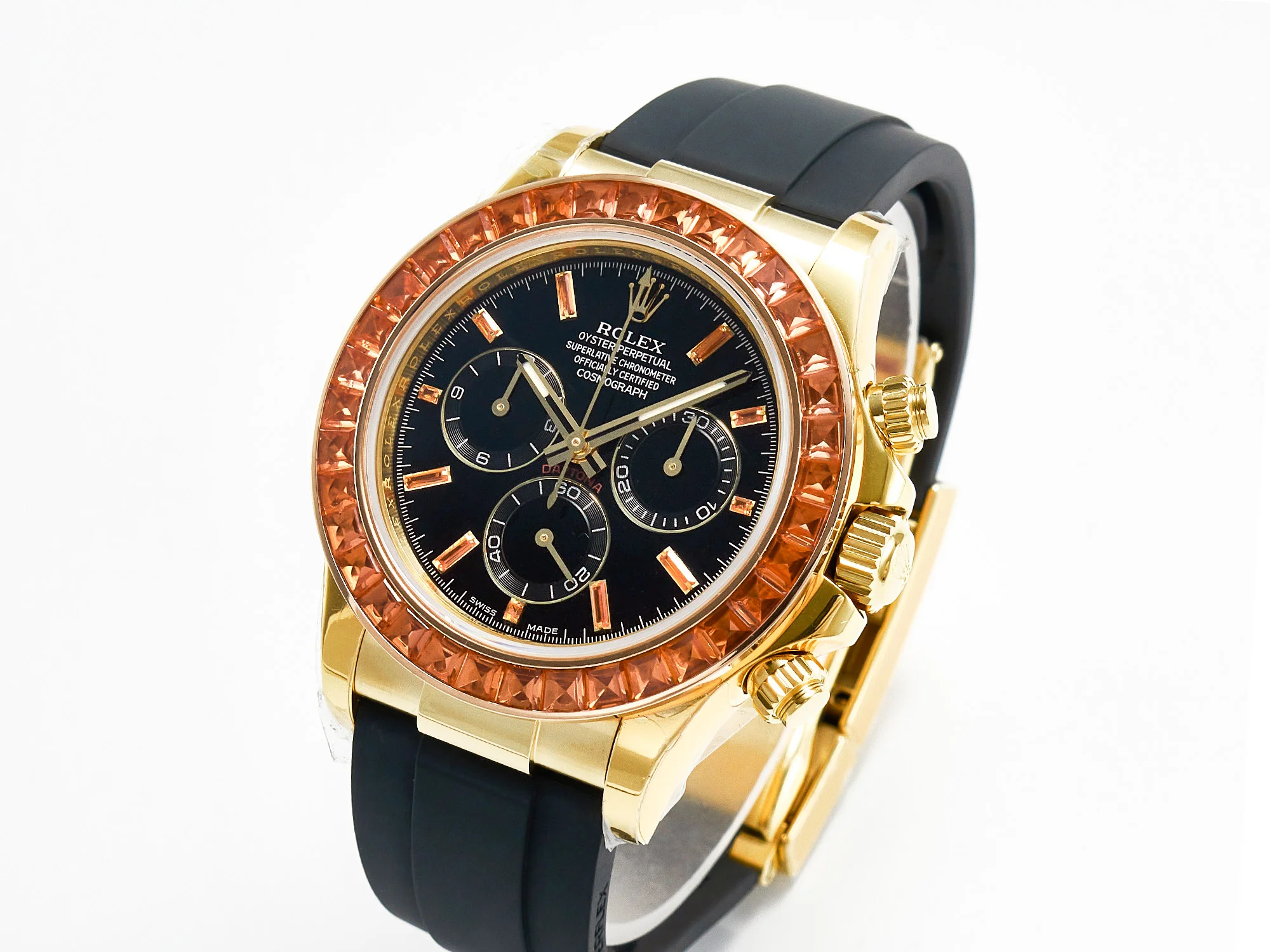Daytona 116518 YG Orange Crystal Bezel N6F Best Edition Black Dial on Oysterflex Strap SA4130