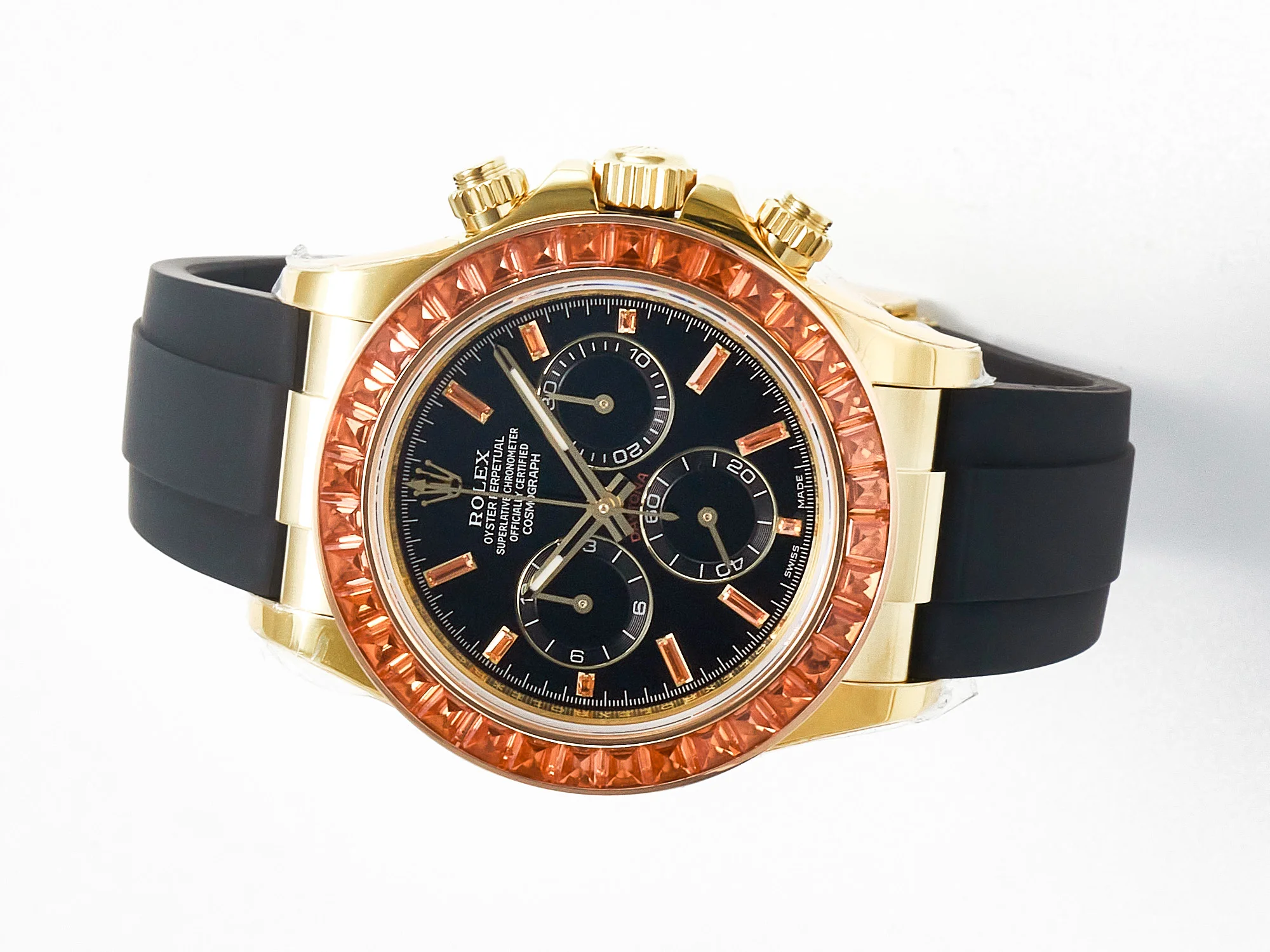 Daytona 116518 YG Orange Crystal Bezel N6F Best Edition Black Dial on Oysterflex Strap SA4130