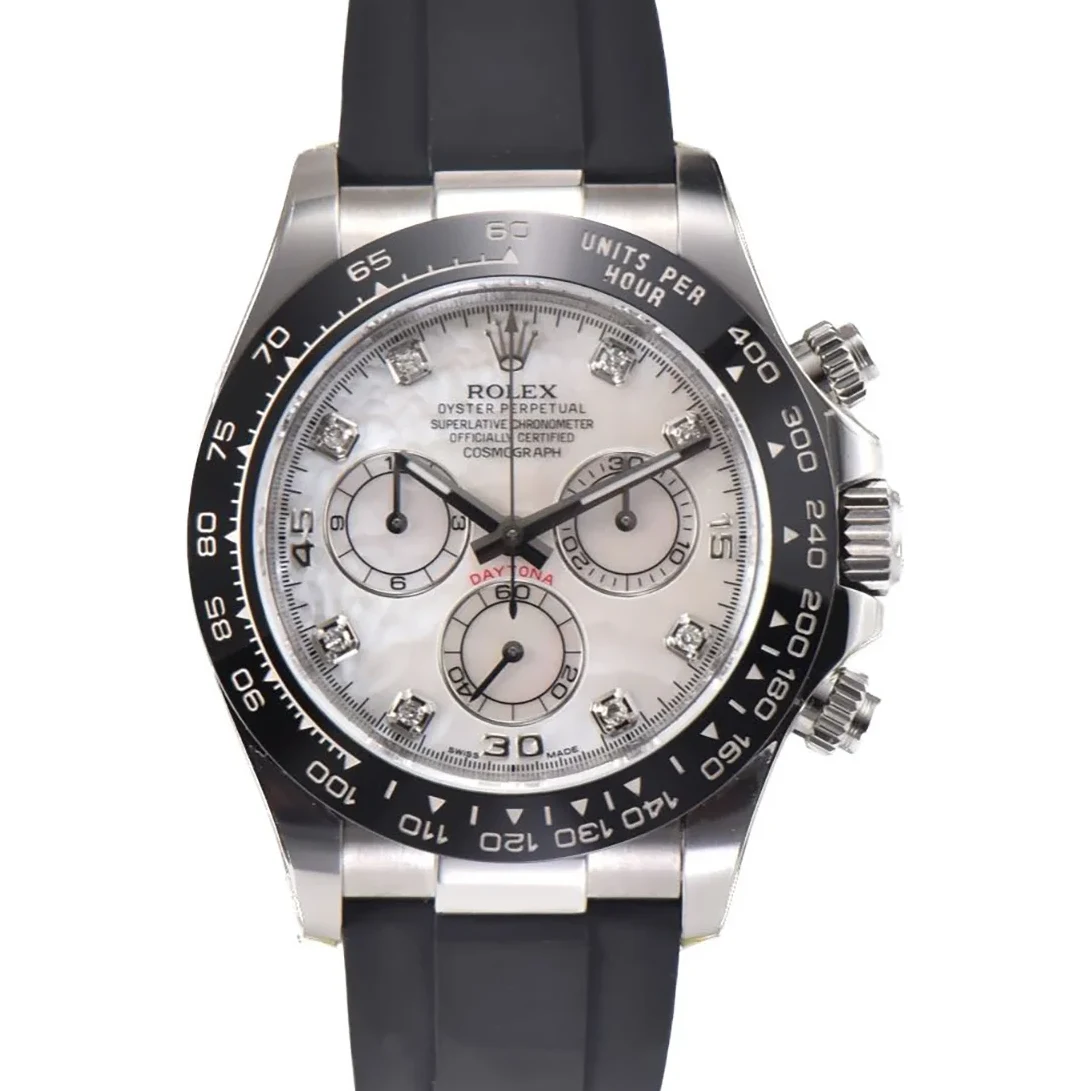 Daytona 116519LN White MOP Dial with Diamond Markers in White Gold on Rubber Strap