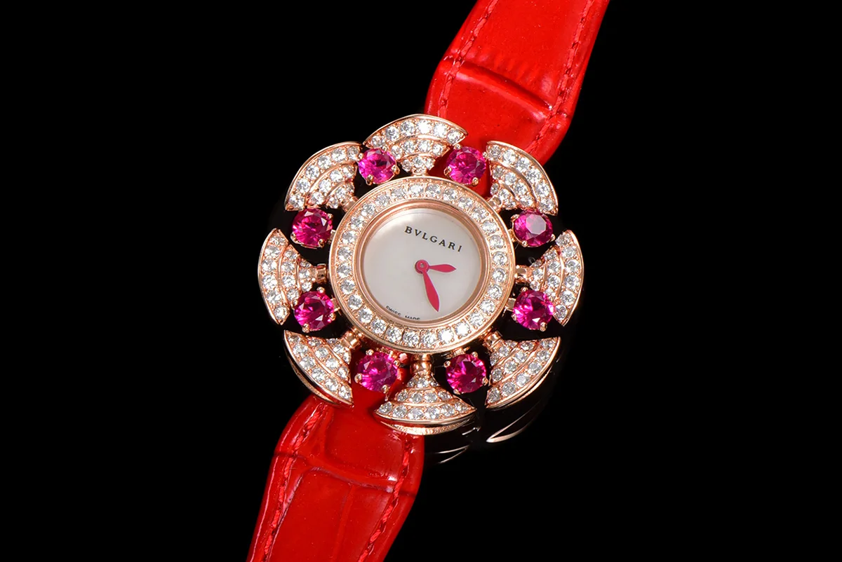 Diva’s Dream Jewellery Watch Diamond Paved Dial in Rose Gold on Green Leather Strap