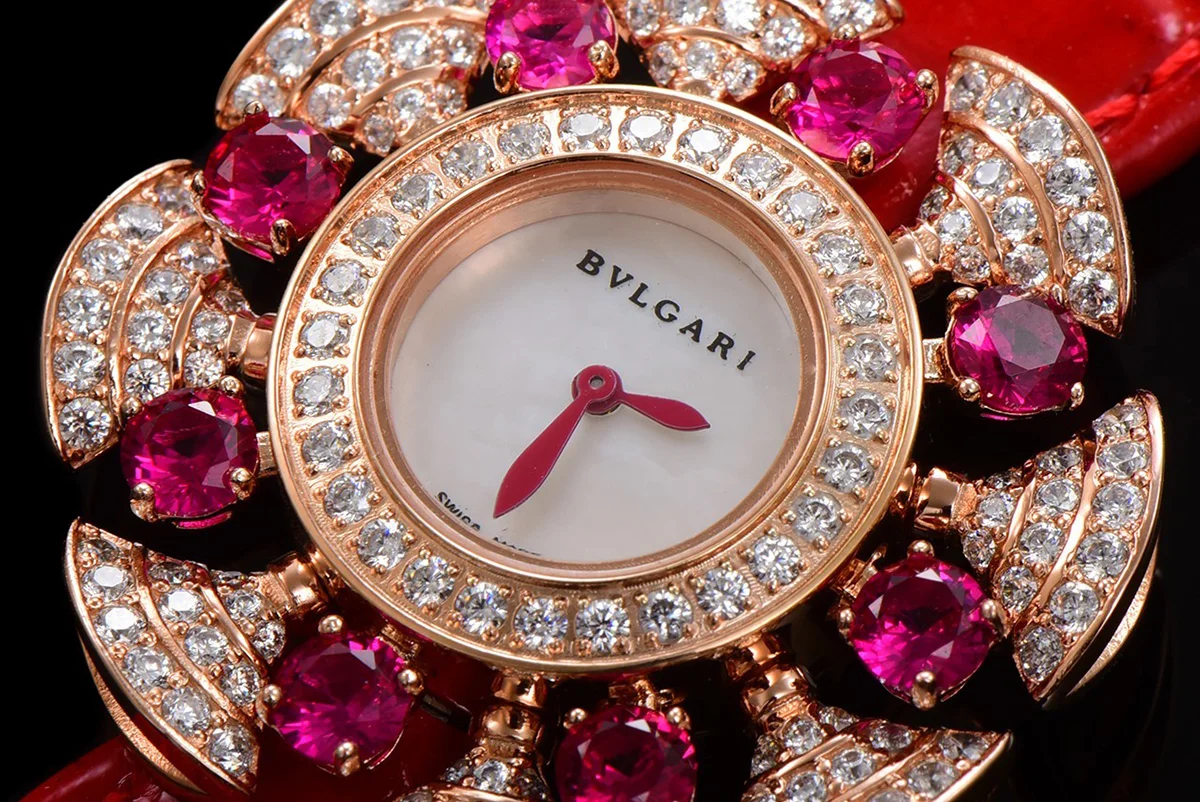 Diva’s Dream Jewellery Watch Diamond Paved Dial in Rose Gold on Green Leather Strap