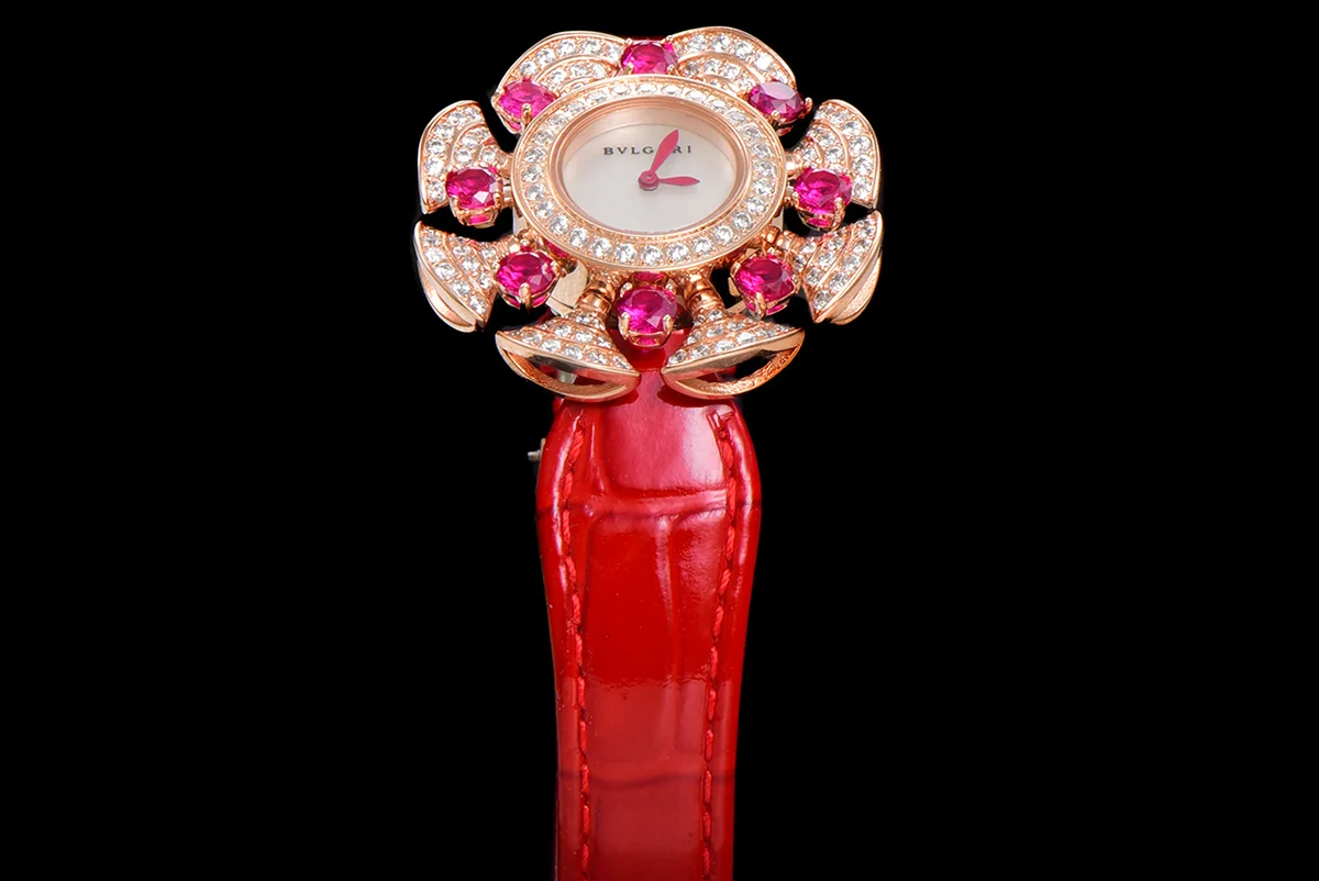 Diva’s Dream Jewellery Watch Diamond Paved Dial in Rose Gold on Green Leather Strap