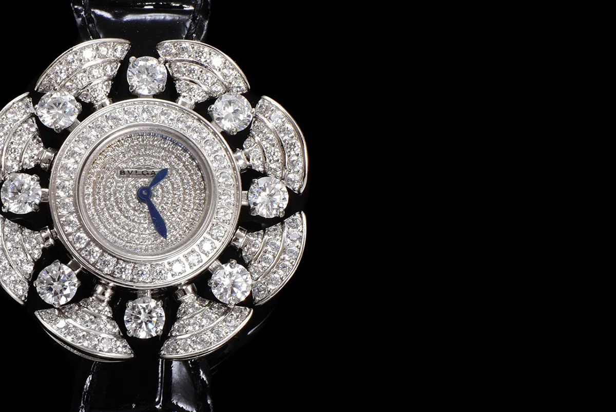 Diva’s Dream Jewellery Watch Diamond Paved Dial in White Dial on Black Leather Strap