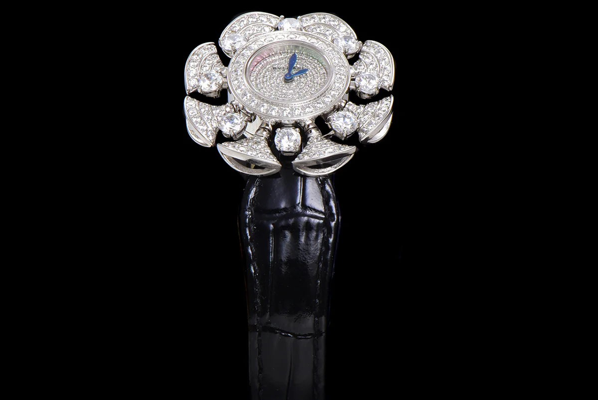 Diva’s Dream Jewellery Watch Diamond Paved Dial in White Dial on Black Leather Strap
