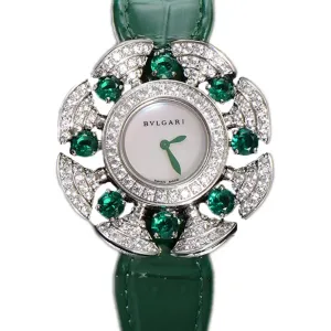Diva’s Dream Jewellery Watch Diamond Paved Dial in White Gold on Green Leather Strap