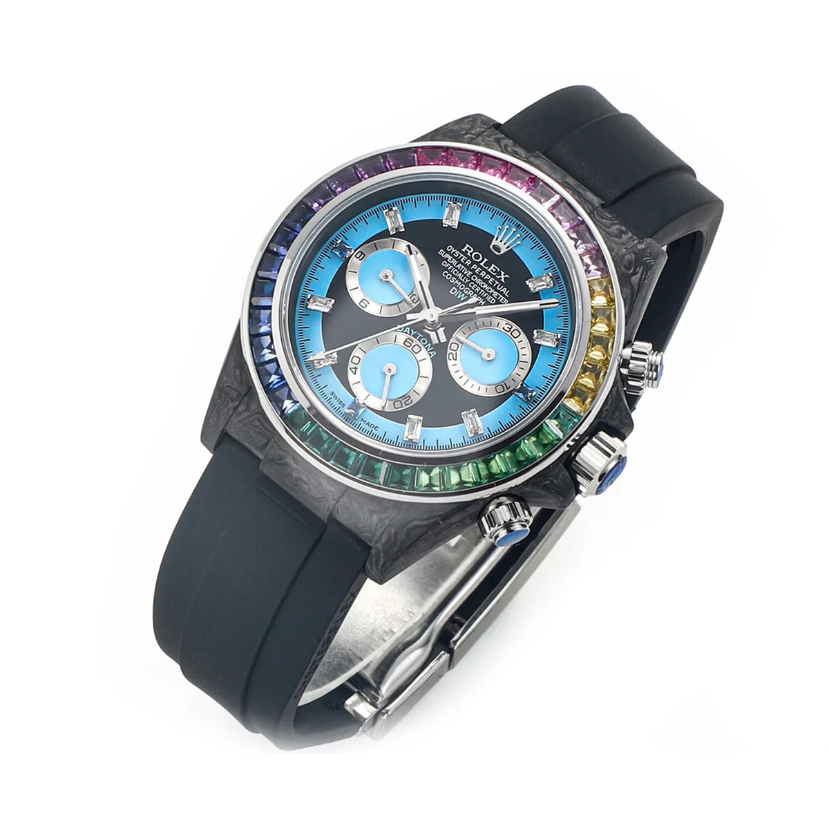DIW Daytona Rainbow Blue Carbon in Black Rubber Strap
