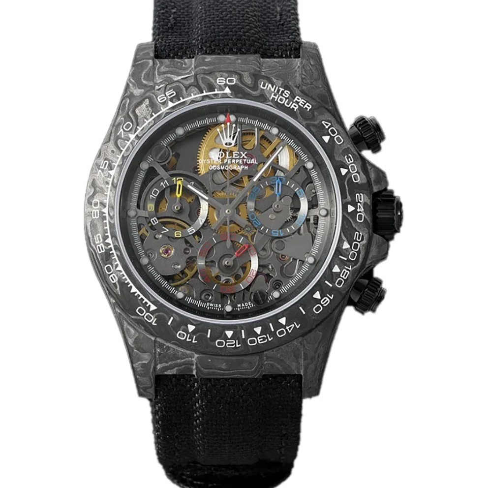 DIW Daytona Skeleton Dial in Carbon on Black Nylon Strap