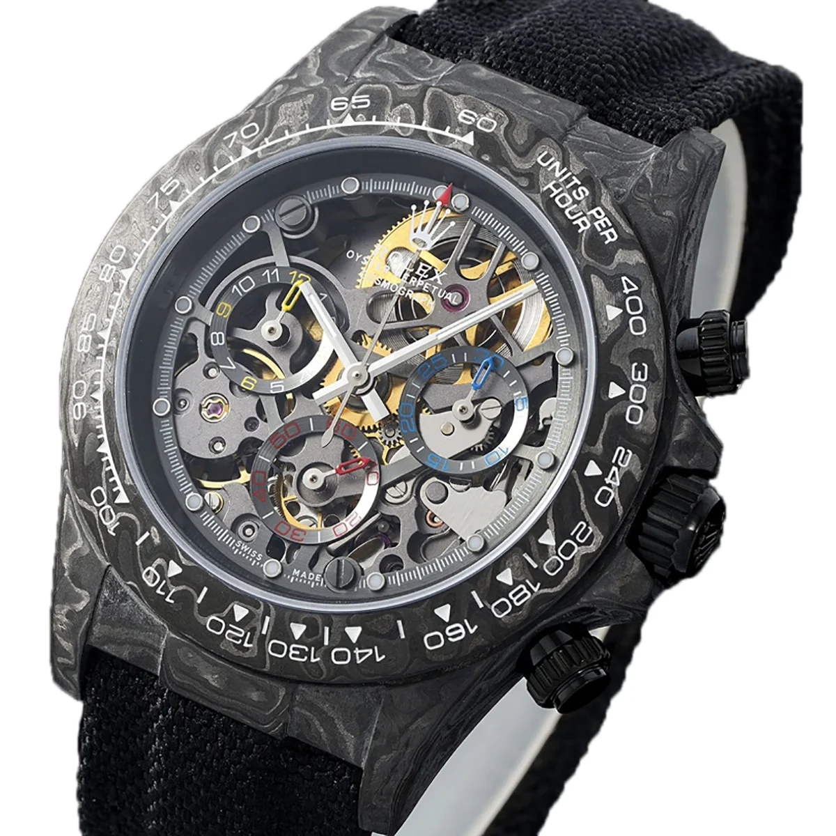 DIW Daytona Skeleton Dial in Carbon on Black Nylon Strap