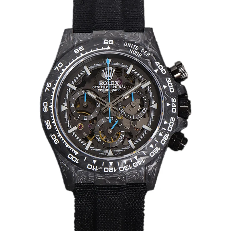 DIW Daytona Skeleton Dial in Carbon with Blue Hands on Black Nylon Strap