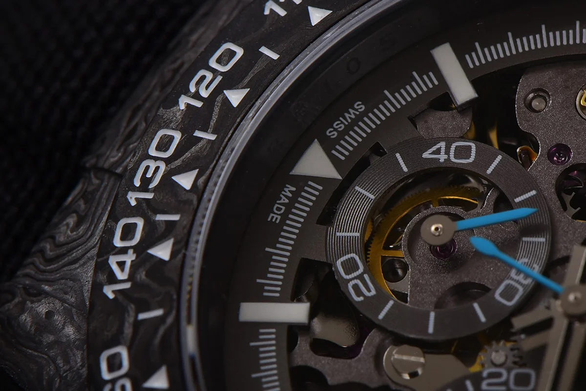 DIW Daytona Skeleton Dial in Carbon with Blue Hands on Black Nylon Strap
