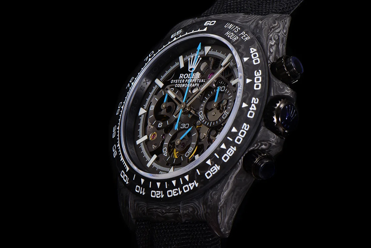DIW Daytona Skeleton Dial in Carbon with Blue Hands on Black Nylon Strap