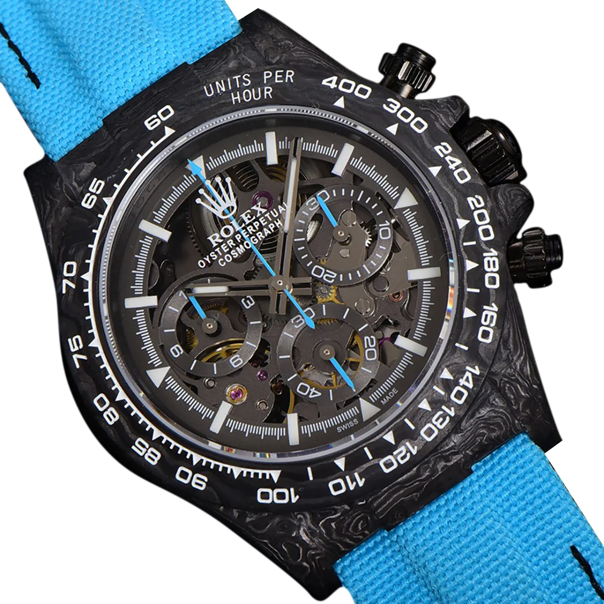 DIW Daytona Skeleton Dial in Carbon with Blue Hands on Blue Nylon Strap